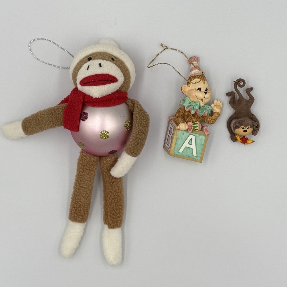 Lot of 3 Monkey‎ Ornaments Christmas Holiday Tree Sock Monkey Hanging